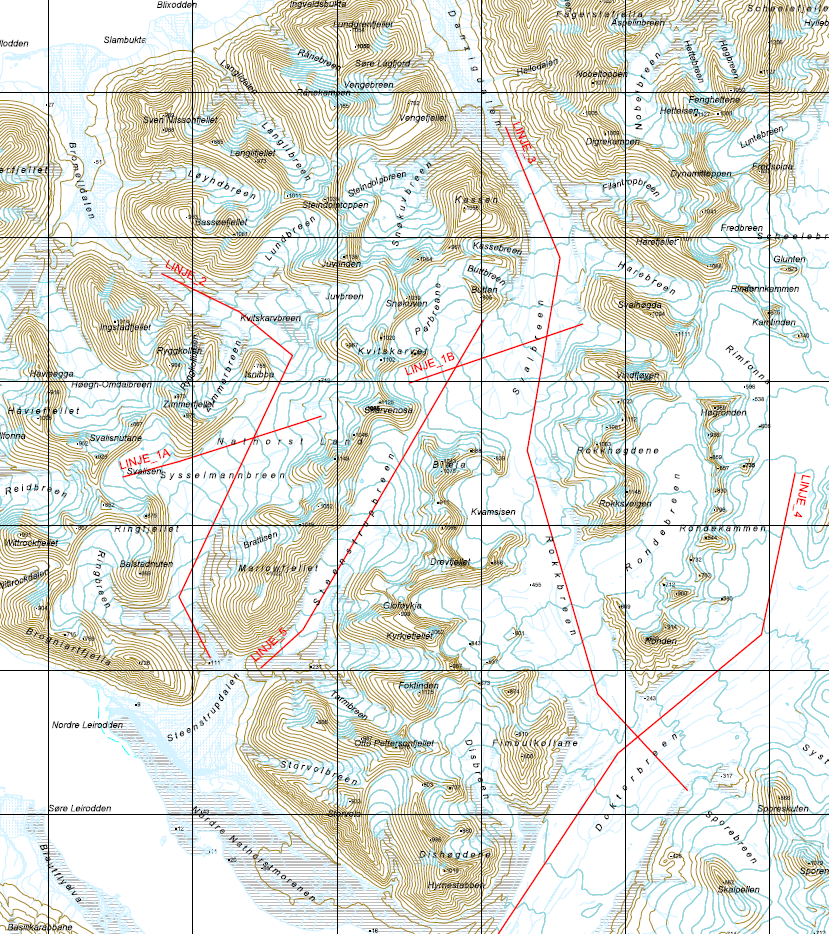 Planned seismic lines, Nathorst Land, March 2009