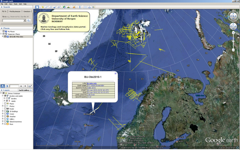 Google Earth with GEO marine geophysical datasets shown. Click to open KML file.