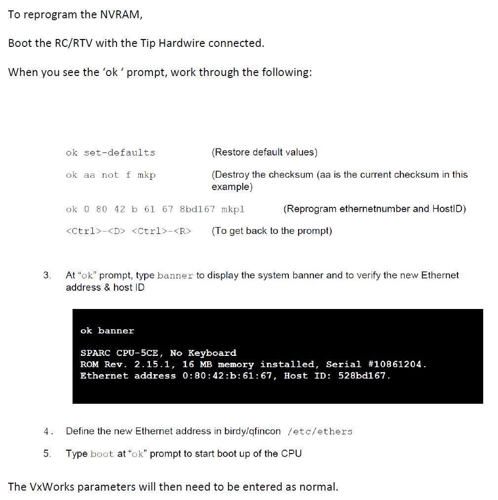 Prosedyre for å re-programmere NVRAM på CPU-kort i RTV-enheten.  Klikk for PDF versjon.