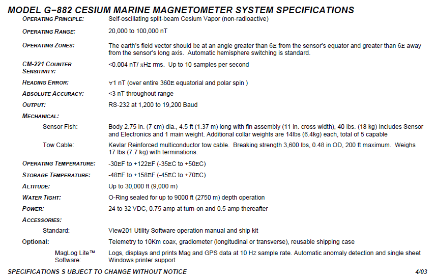 Geometrics mod. G-882 Magnetometer specifications