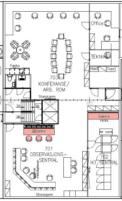 Foreslått planløsning observasjonssentral (rom 701) dekk 7.