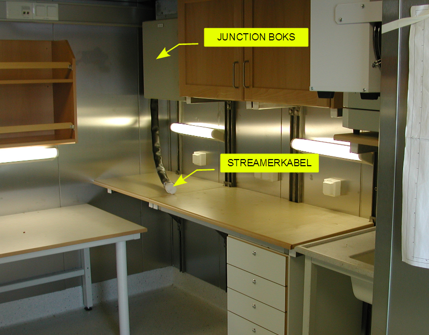 Plassering av junction boks og fast forlagt streamerkabel på G.O. SARS Lab 16, 3.dekk.