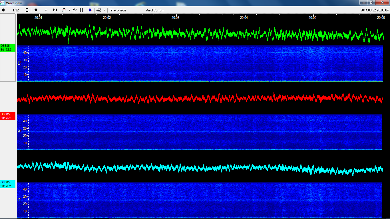HOPEN, new sensor Trillium 120PA: Time and freq domain check with Güralp Scream! - click to enlarge.