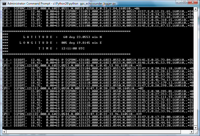 Combined logging of GPS and Echo Sounder data