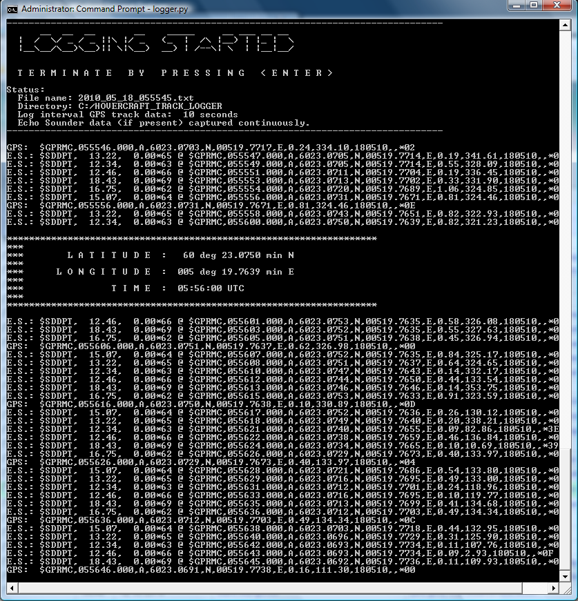 Combined logging of GPS and Echo Sounder data