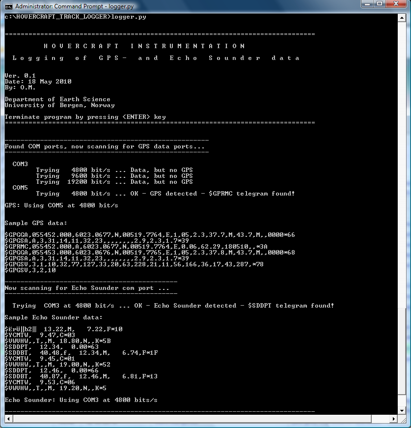 Starting the program - identifying GPS and Echo Sounder serial ports.